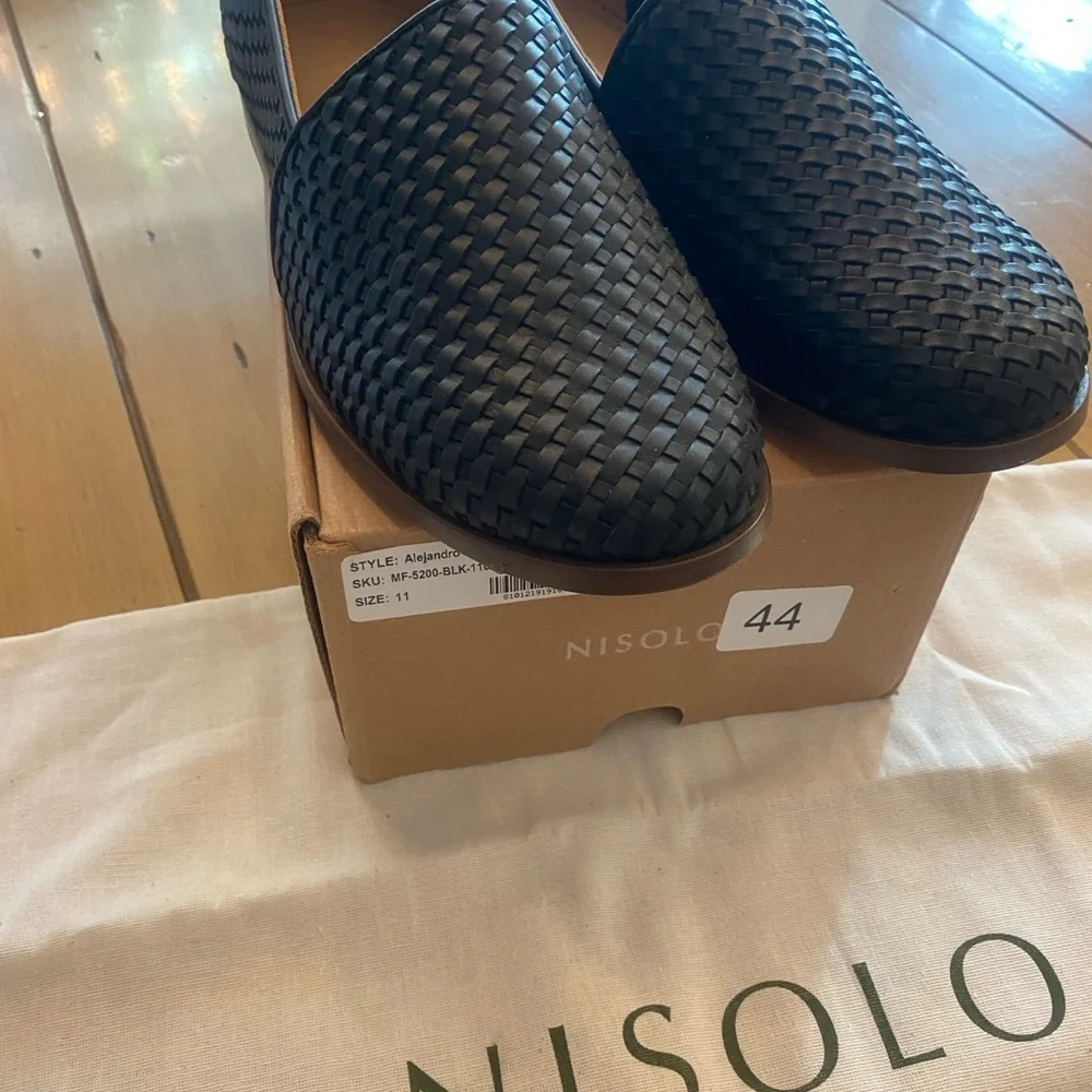 Men’s Black Leather Alejandro Nisolo Slip On Woven Loafers New Size 11 in box